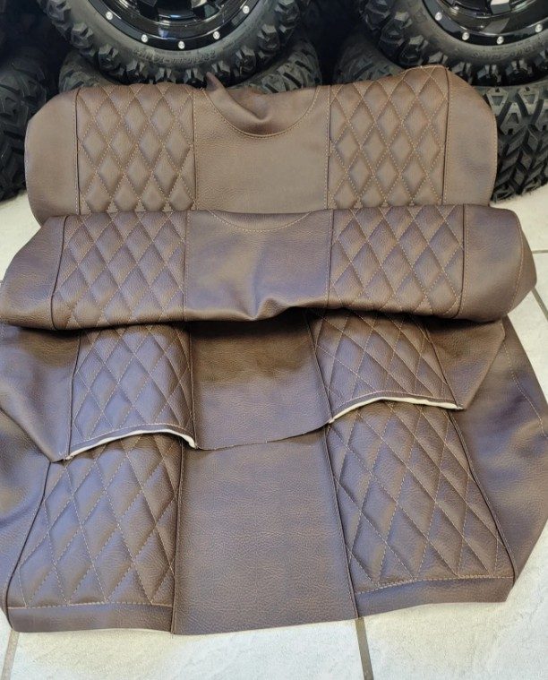 Custom Diamond Stitched Brown Seat Covers for Icon EV 6P Golf Carts